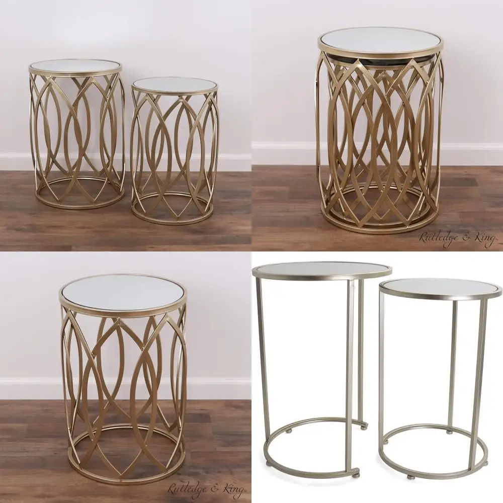 Stoliki boczne Rutledge & King Gold Nesting - Nowoczesne złote stoliki pomocnicze - Stolik nocny z lustrem - Kompaktowy stolik akcentujący