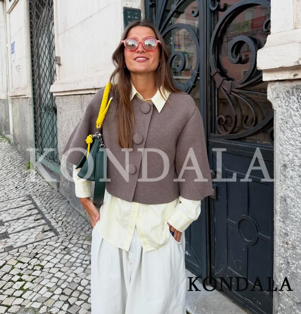 KONDALA Casual Chic Knitted Jacket Coat Women's Elegant Wide Sleeve Buttons Jacket New 2026 Spring Holidays Female Trendy Coat