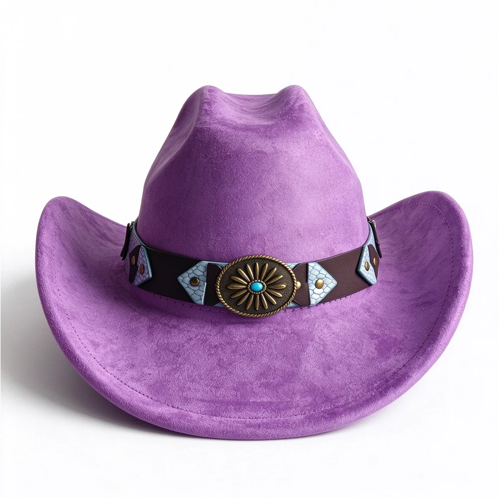 Women Western Cowgirl Hat Wide Brim Felt Cowboy Hat Retro Turquoise Concho Leather Band Boho Festival Costume Hat