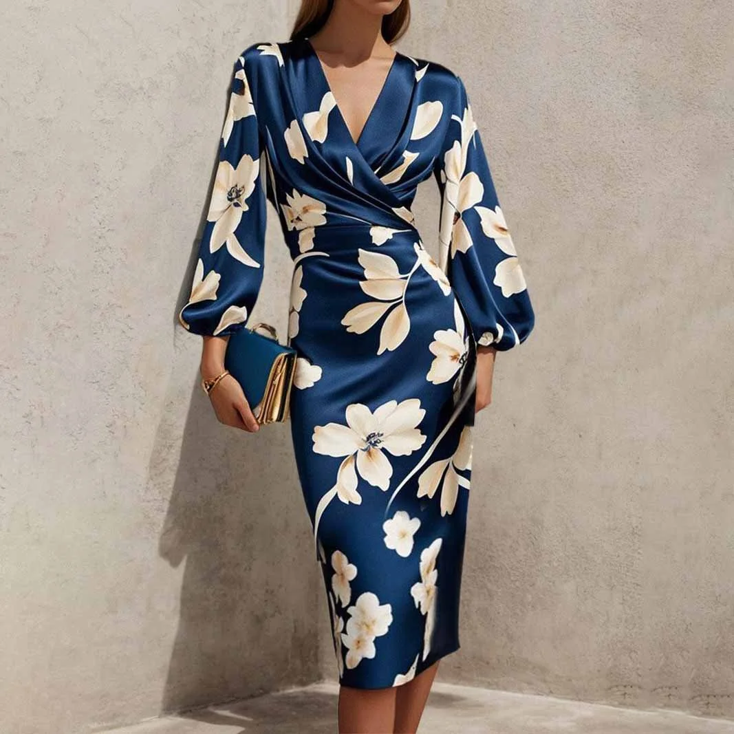 

Women's Floral Printed Bodycon Dress for Women V-neck Puff Sleeves High Waist Slim Fit Party Midi Dress Elegant Evening Gown