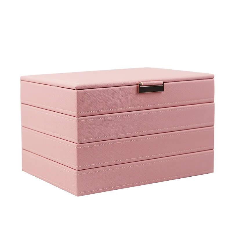 Simple Design Three Layers Draws Jewelry Box Women PU Leather Large Capacity RIngs Necklace Storega Organizer Case Wedding Gift