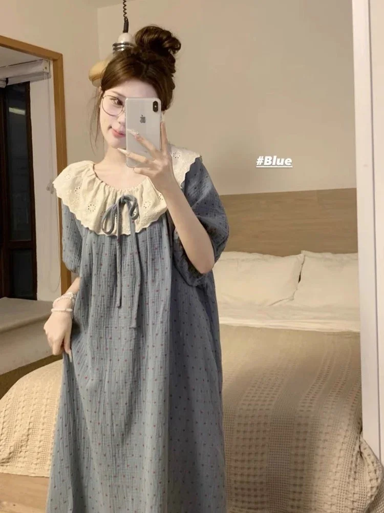 Summer plus Size Spwear Women's Loose ort Sve Lace Dr Sweet Sle Casual Long Skirt Cotton Polyester Print Home Cl...