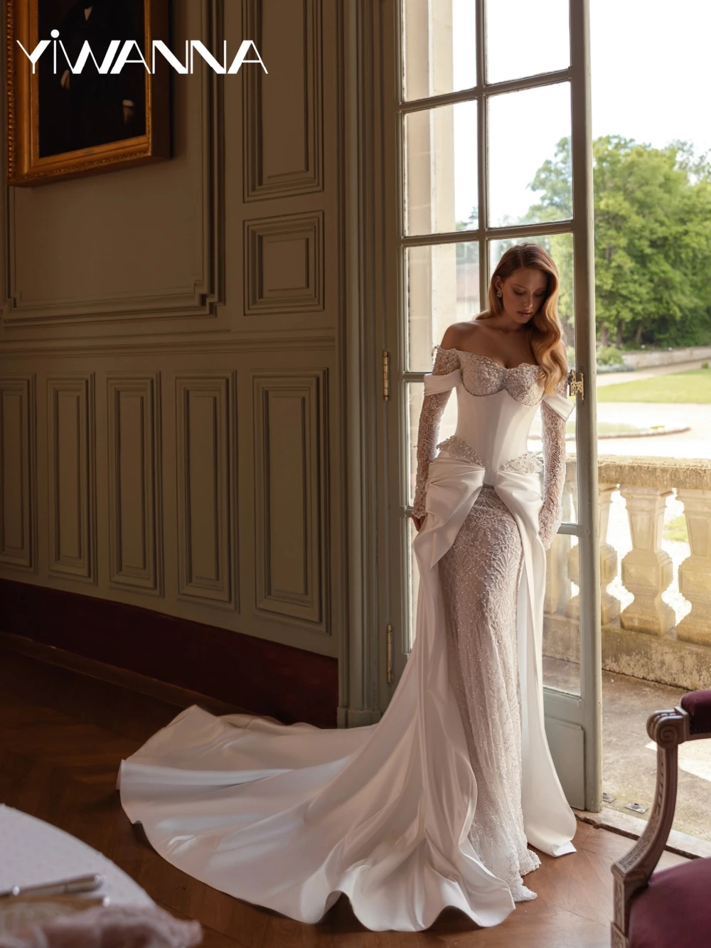 Detachable Satin Train Wedding Dress Shimmering Lace Beaded Bridal Gown Customized Off Shoulder Mermaid Long Dresses For Bride