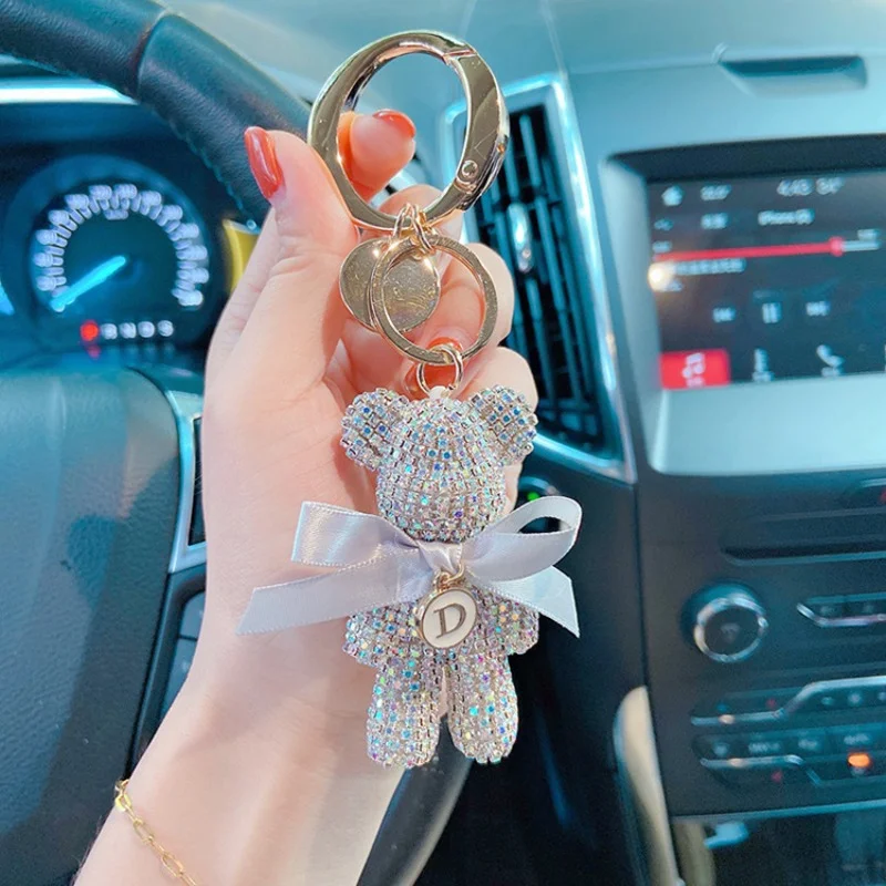 Full Rhinestones Bear Customizable Letters Luxury Jewelry Car Key Chain Big Button Key Chains Bag Pendant Party Gifts for Women