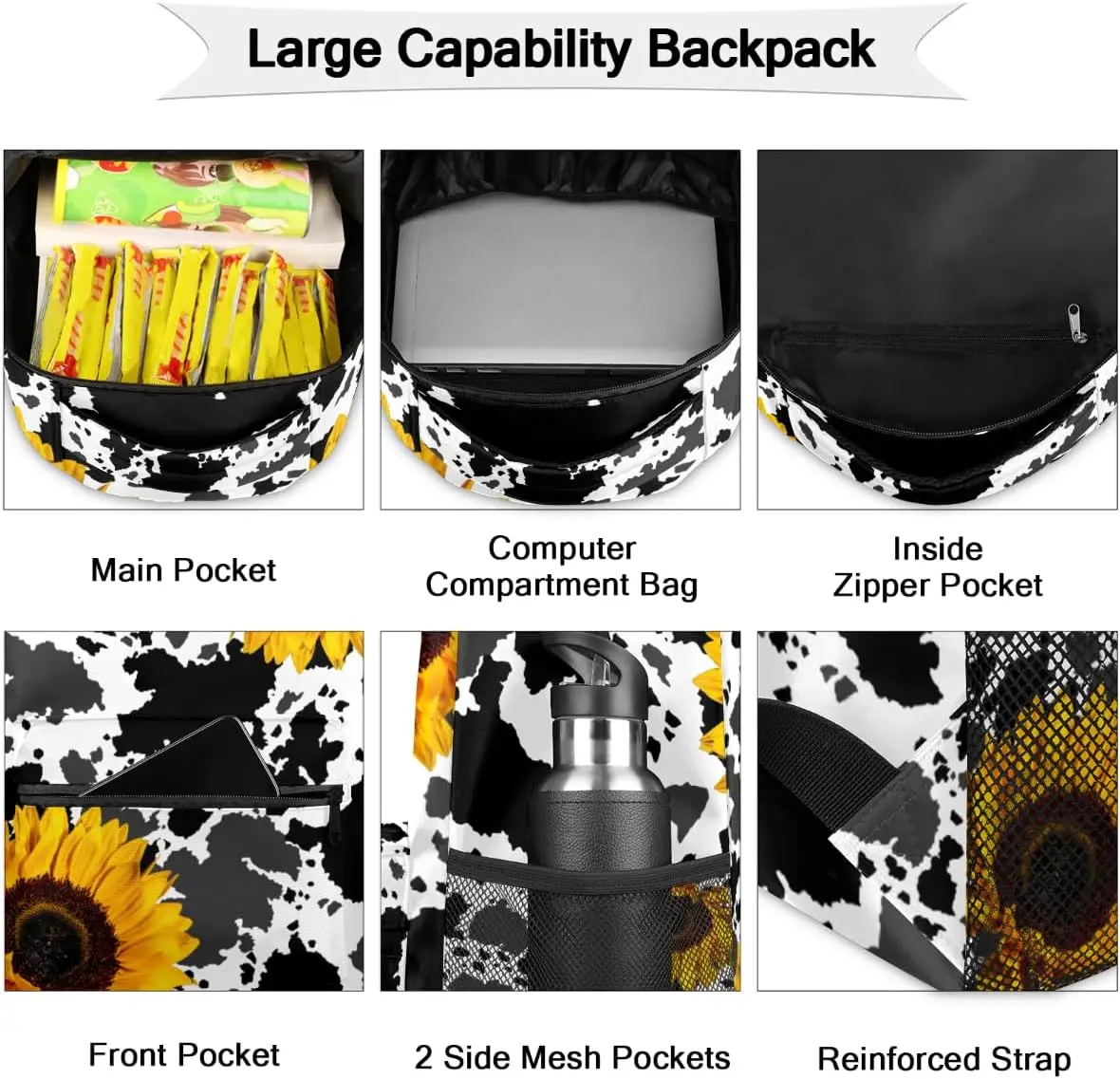 Cow Print Sunflower Backpack for Lightweight Large Capacity Casual School Bookbag Western Farm Style Portable Travel