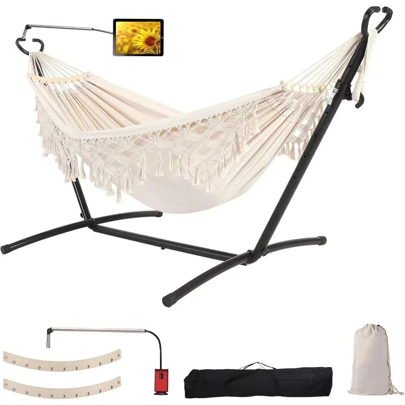 

Double Hammock with Stand Upgraded Phone Holder Portable Heavy Duty Stainless Steel Indoor Outdoor Patio Yard Beach