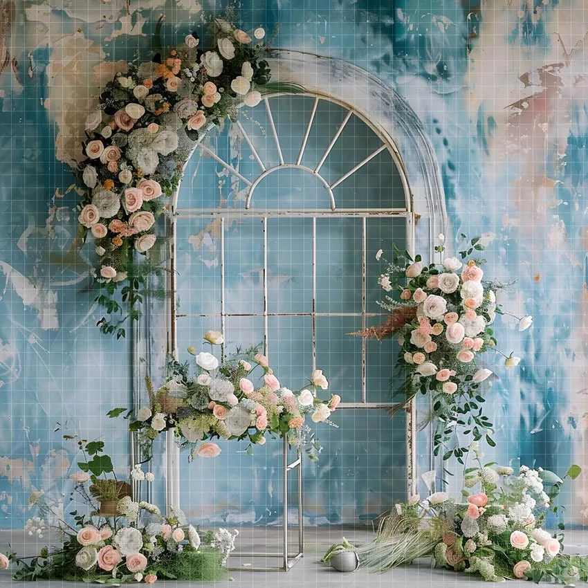 Mehofond Photography Background Blue Wall Floral Arch Window Adult Birthday Wedding Maternity Portrait Decor Backdrop Photo Stud