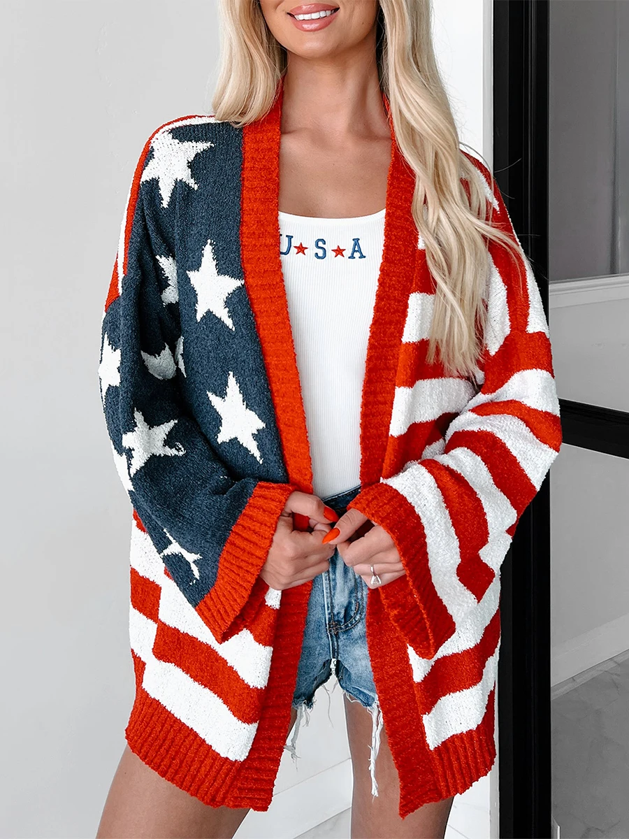 Women’s Open Front Knit Cardigan Long Sleeve Stars and Stripes Print Sweater Loose Fall Outwear