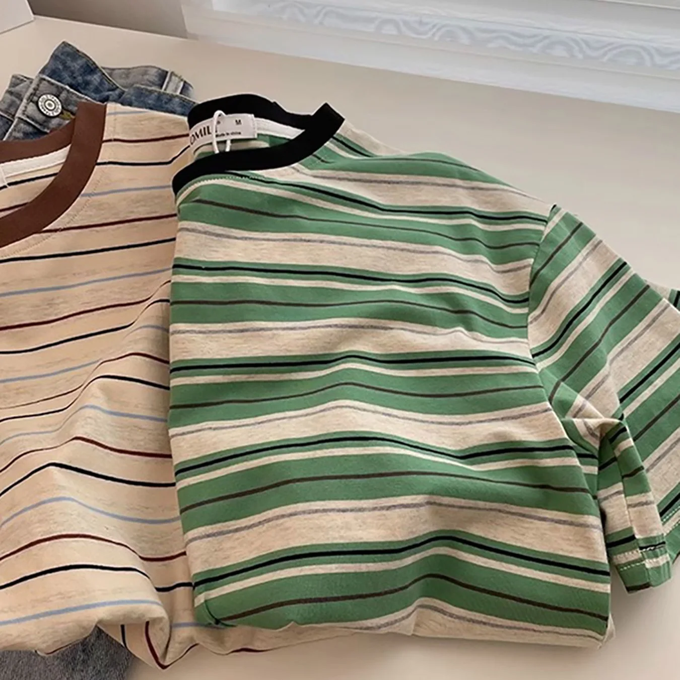 White Striped round Neck Short Sleeve T-Shirt Women's Casual Cotton Blend Slimming Wide Stripes Summer Versatile Comfortable Top
