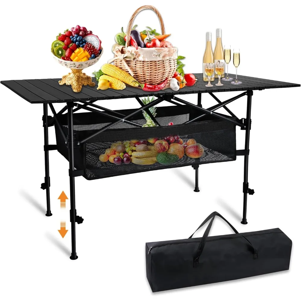 

Outdoor Folding Camping Table, Portable Aluminum Roll-up Table Height Adjustable Metal Camp Grill Table for Picnic BBQ Party Bac