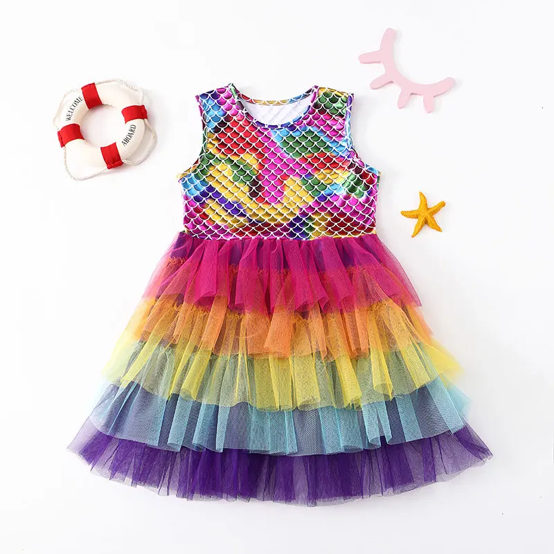 

Girls Dress Summer Sleeveless Polyester Tutu Dresses for Girls 3-7 Years Girls Perform Mermaid Dress Knee-Length