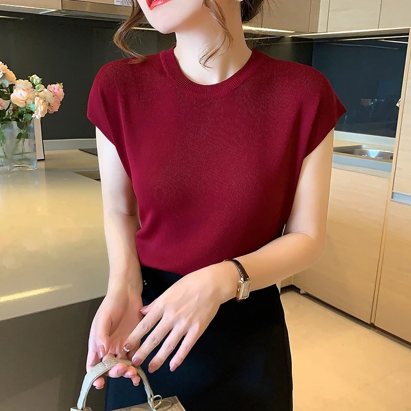 Ice Silk Knitted T-shirt Women Summer Thin Loose Solid Color Short Sleeve Top Tee