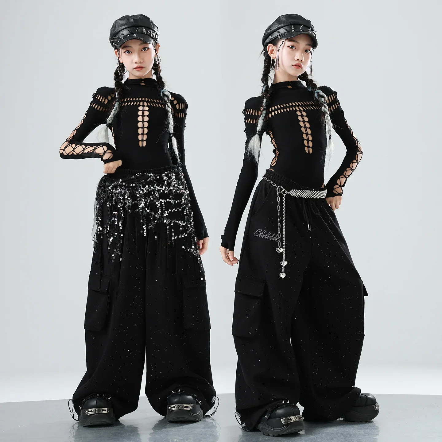 

Girls Jazz Dance Performance Clothes Hollow Design Tops Butterfly Graffiti Black Pant Children Hip Hop Street Dance Costume