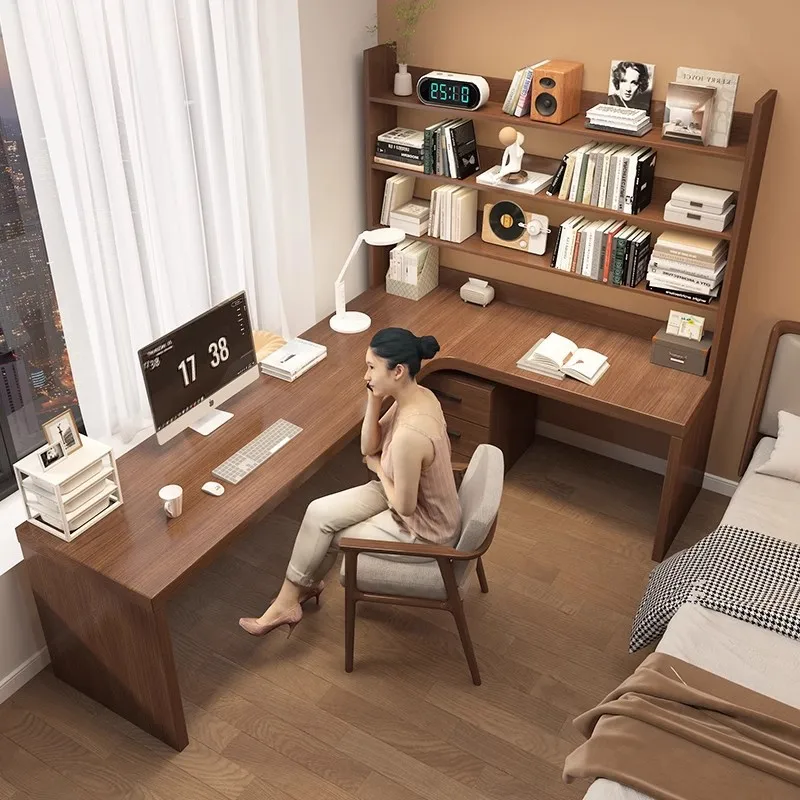 All solid wood corner desk bookcase integrated home office bedroom L-shaped corner desktop computer desk bookshelf combination