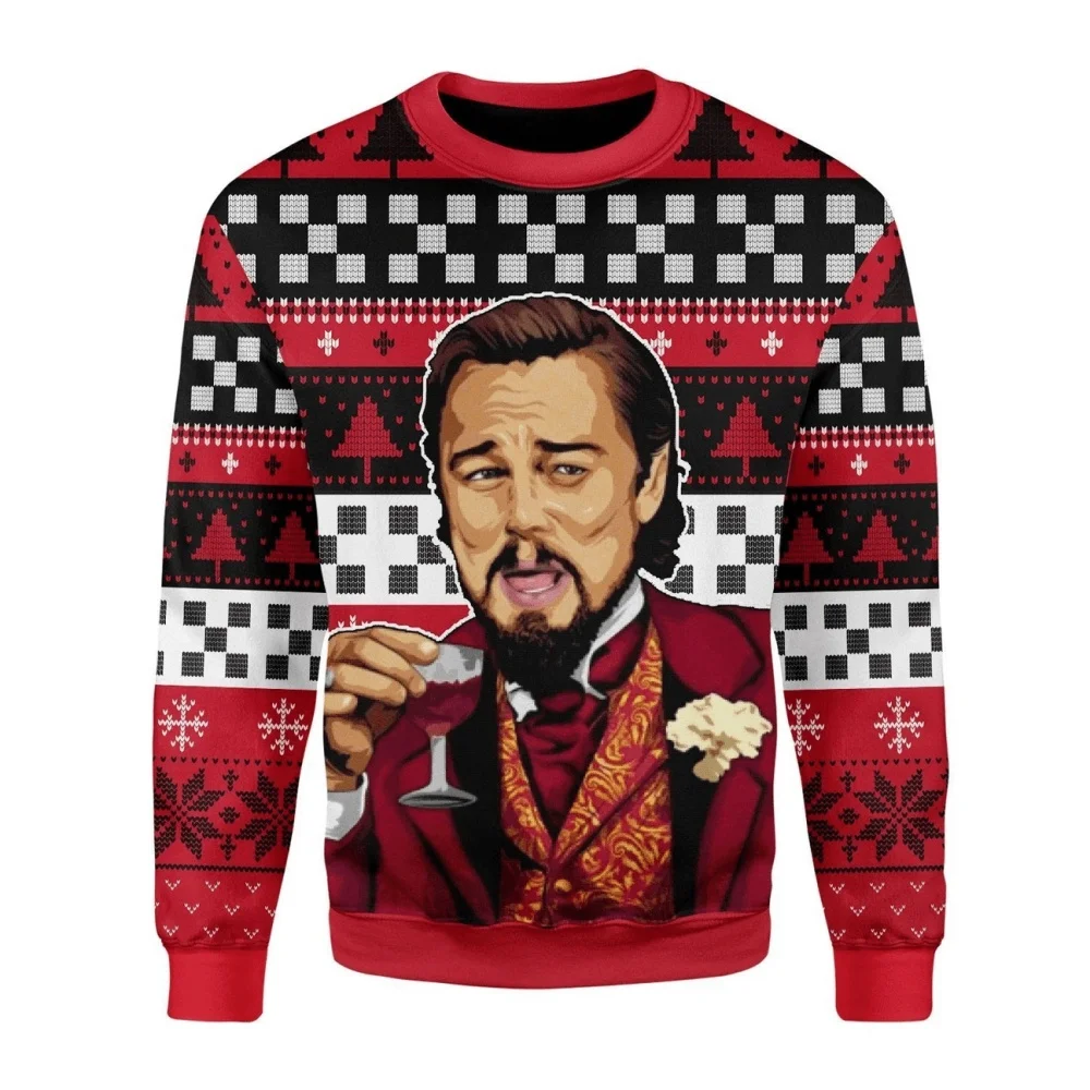 Suéter de Navidad feo para hombres, ropa de otoño e invierno, suéter de Papá Noel Clau, sudadera 3D, ropa de risa, Leo DiCaprio Meme, regalo, 2024