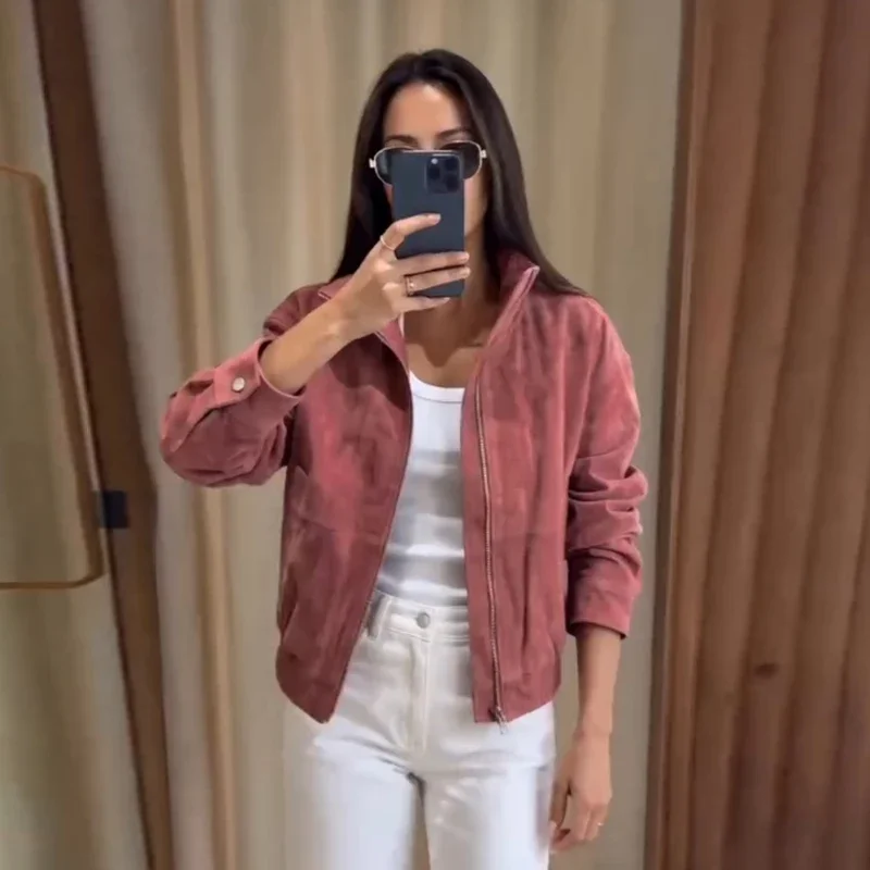 Vintage Wildleder-Patchwork-Damenmantel, Herbst, Langarm, Stehkragen, einreihig, Damenmäntel 2026, Streetwear-Jacke für Damen – Detail 8