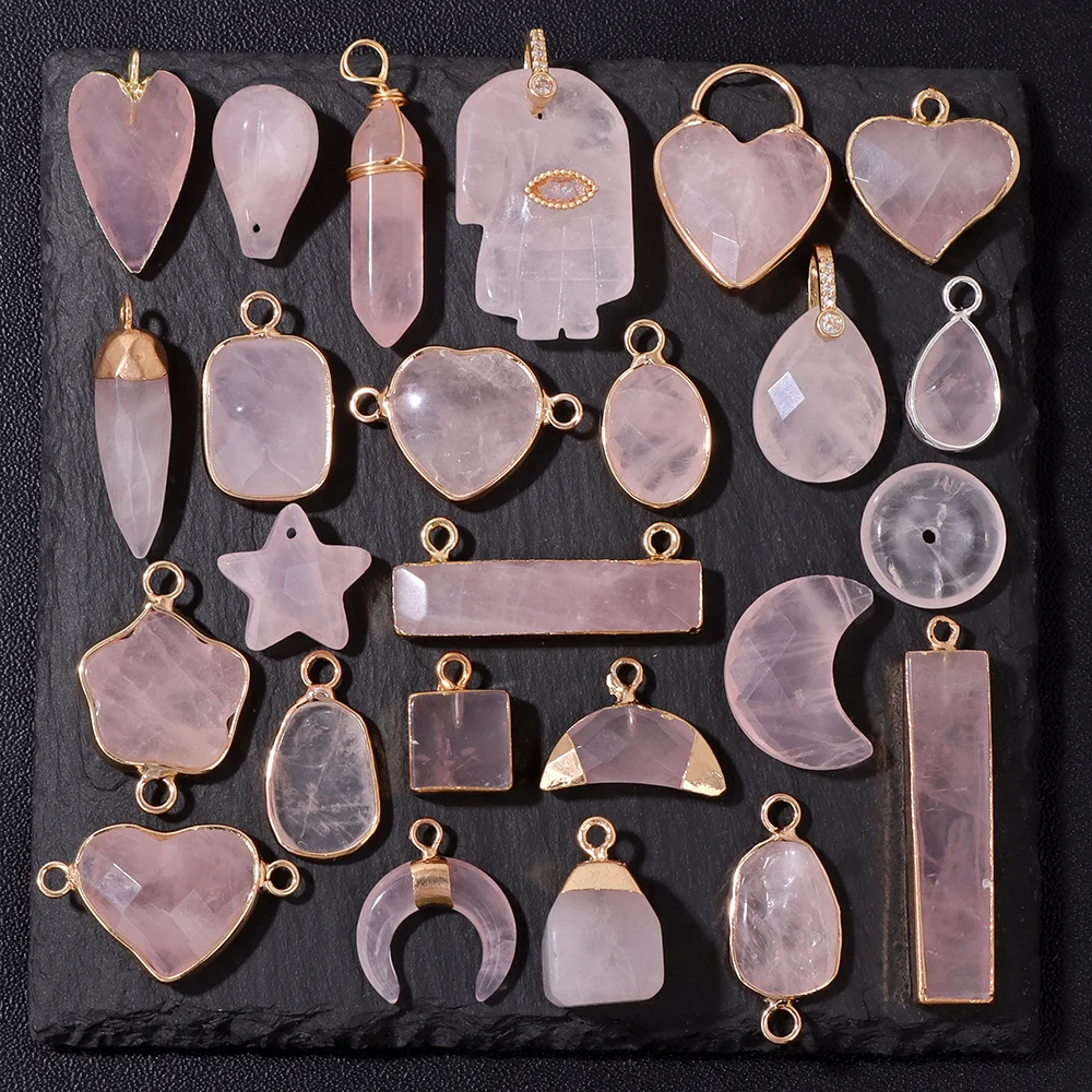 천연 로즈 쿼츠 크리스탈 매력 하트 커넥터 광장 초승달 모양 핑크 쿼츠 보석 펜던트 쥬얼리 만들기 DIY 공예