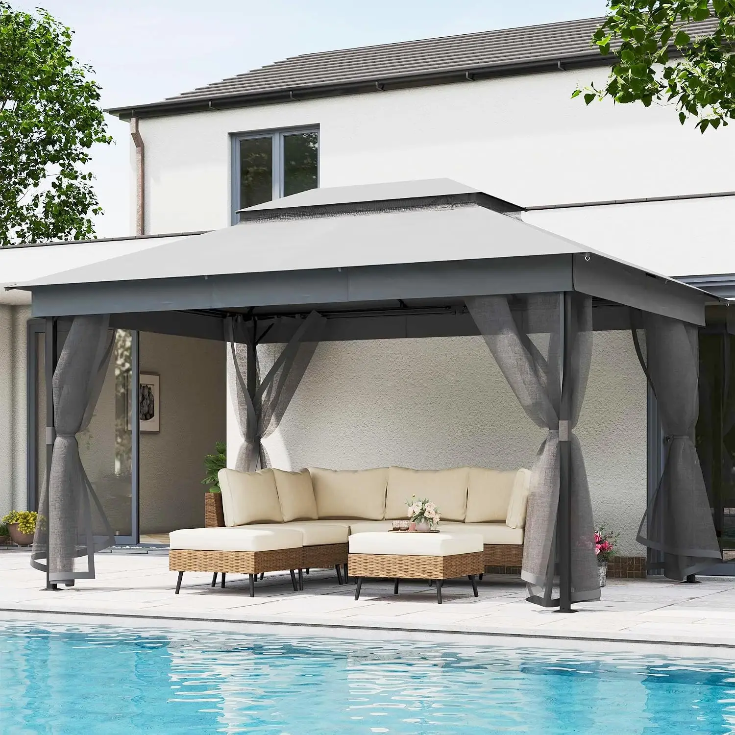 10' x 13' Waterproof Outdoor Gazebo Pavilion Shelter with Double Roof and Mosquito Netting, Patio Canopy for Backyard, Garden, Lawn, Wedding, Grey