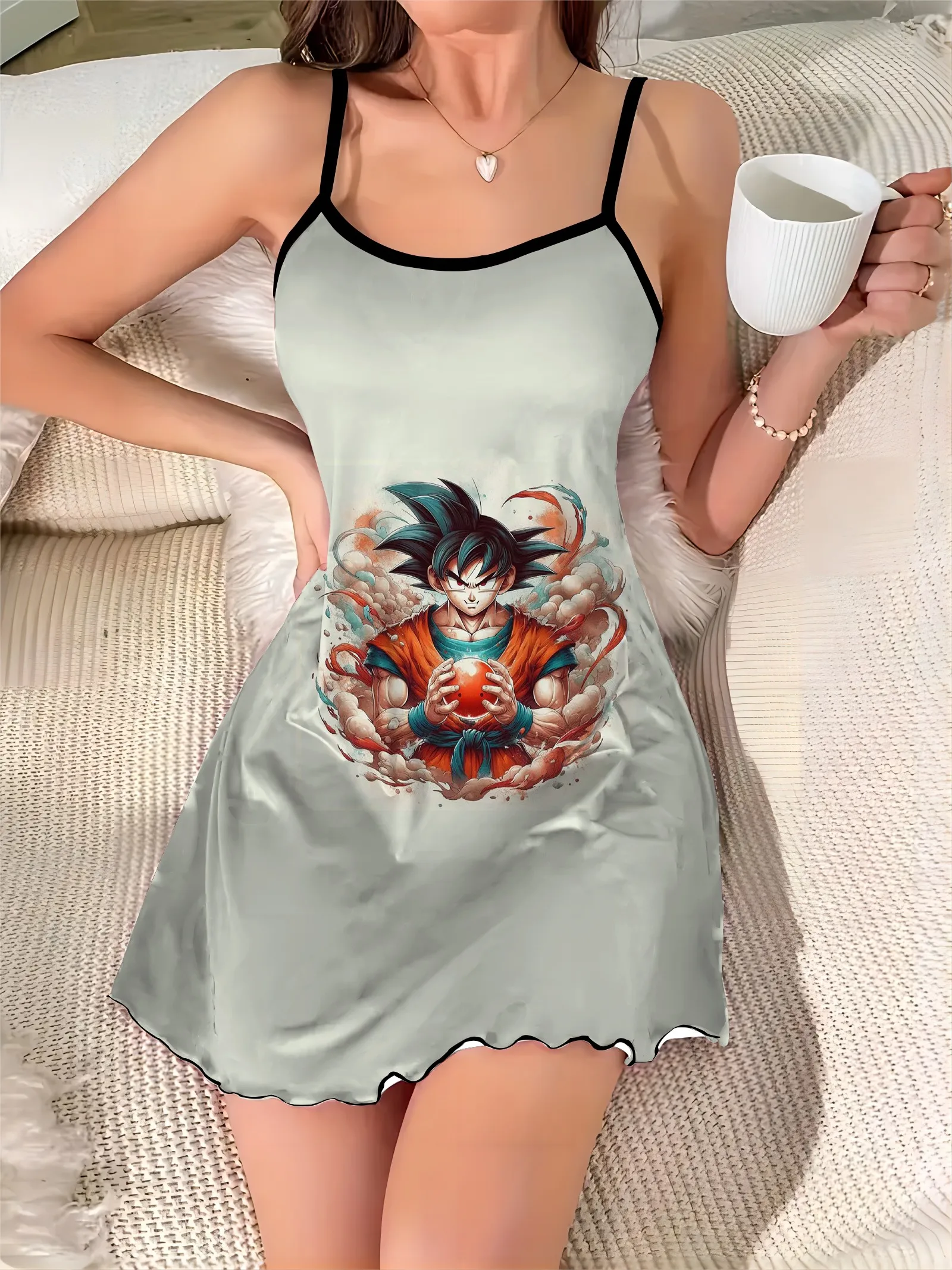 Satin Surface Women's Dress Lettuce Trim Son Goku Fashion Summer Dresses 2024 Crew Neck Dragon Ball Elegant Chic Mini Sexy Trim