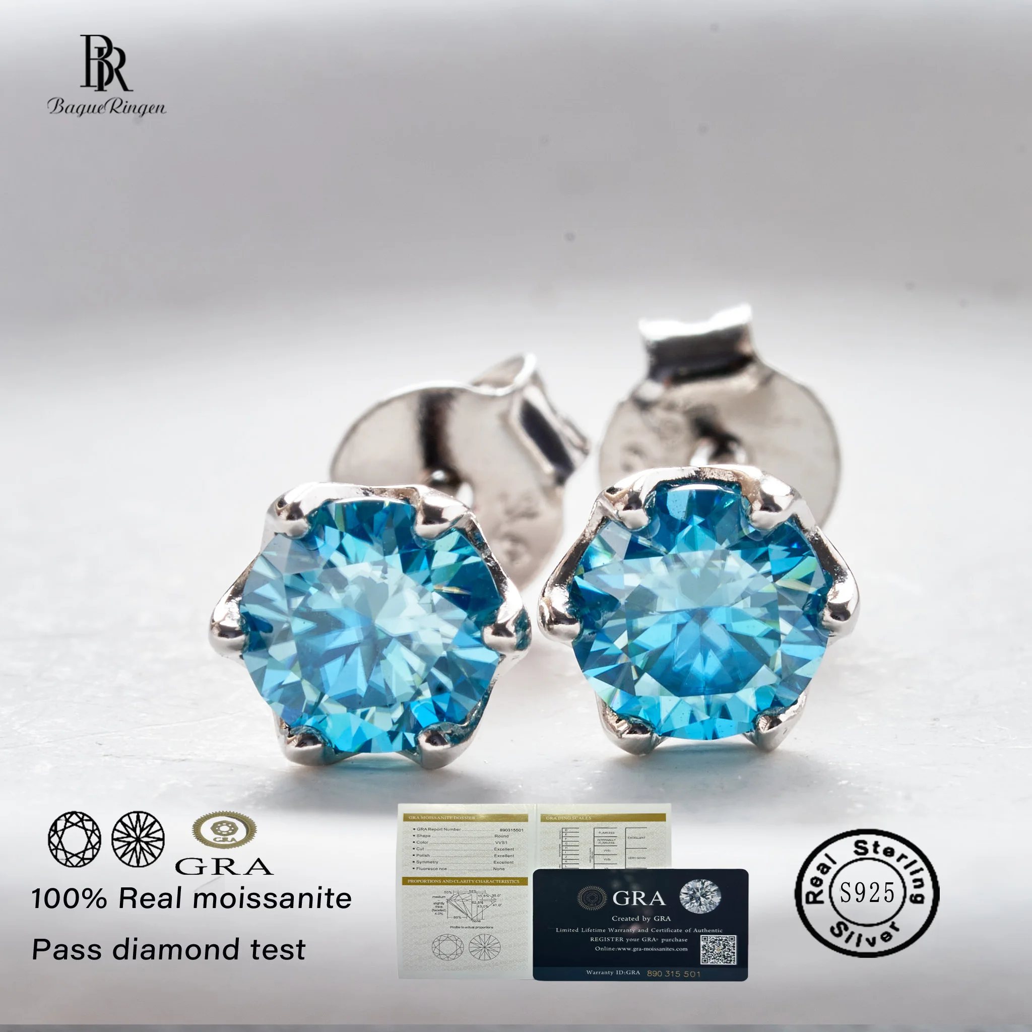 0.5-2.0 carat Sea blue Color Moissanite Stud Earrings For Women Top Quality 925 Sterling Silver Sparkling Wedding femal  Jewelry