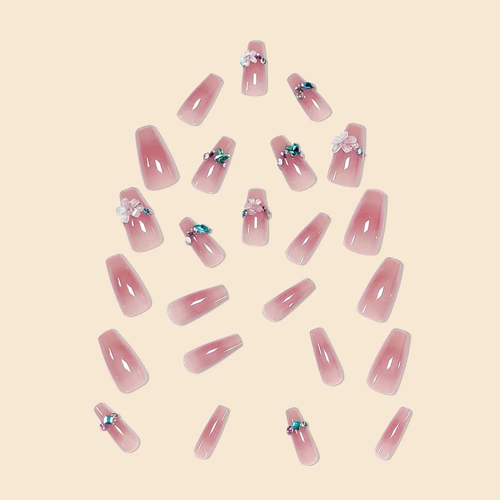 Women Girls 24Pcs Medium Ballet French Flower Square Heart Stone Decoration Full Coverage Wearable Fake Nail Press on Nail Art