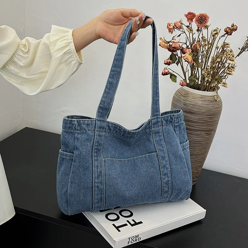 1pcs 1pcs Soft Breathable Shape Retain Denim Tote Bag Front Side Pockets For Laptop Books Cosmetics Fade Casual Student Shoulder Bag - Aliexpress Deal