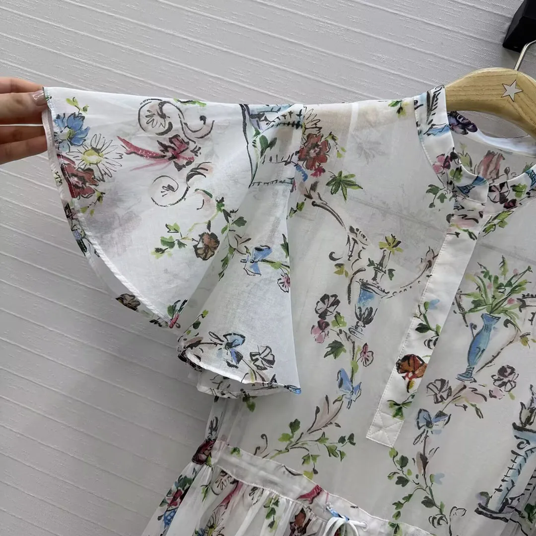 2026 New Summer Elegant Fashion Floral Print Long Dress Women O-neck Ruffles Short Sleeve Drawstring High Waist Sweet Dresses