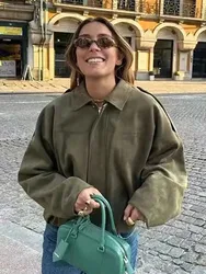 Green Oversize Bomber Jackets Women Vintage Suede Jacket Long Sleeve Pockets Short Coat Autumn 2025 New Fashion Street Outerwear