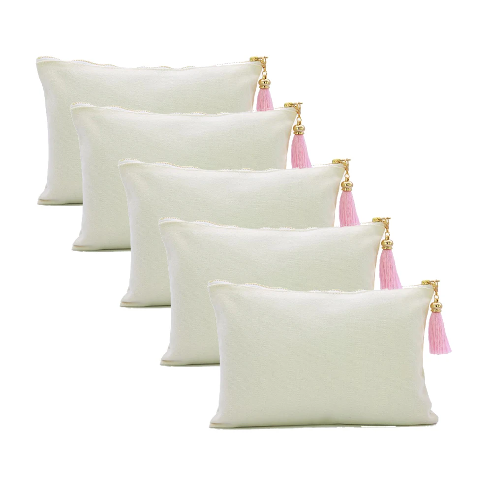 5pcs 16oz Plain Cotton Clutch Handbag White Cotton Canvas Cosmetic Bag Color Tassel Gold Zipper Makeup Pouch