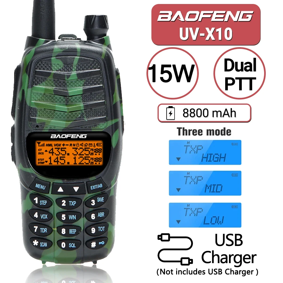 Baofeng UV-X10 15W Walkie Talkie Tri-power Dual Band USB Charger 16 KM High Power Long Range Upgrade UV-5R CB Ham Two Way Radio