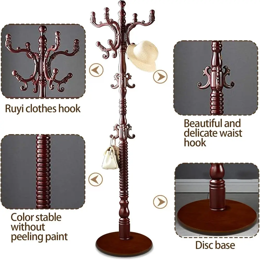 Standing Coat Rack Coat Tree Retractable Wooden Coat Rack Entryway (black red)