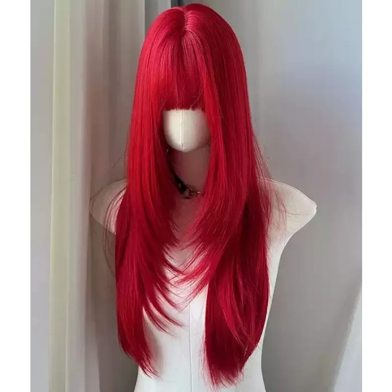 Red High Layer Long Straight Wig for Women, Full Head Wig with Bangs, Cosplay Daily Punk Style Synthetic Hair Wig