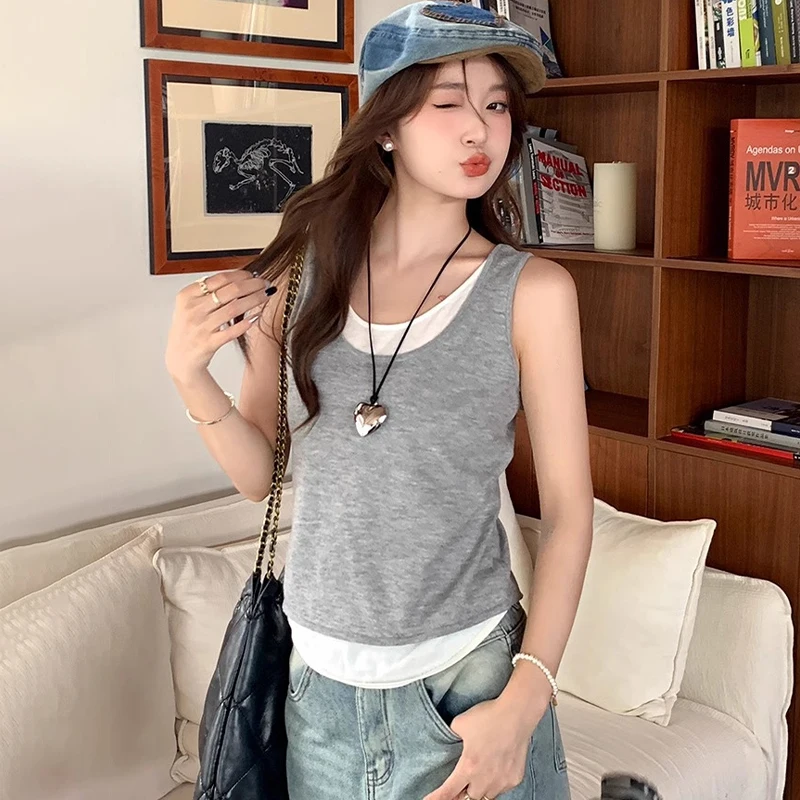 Summer Solid Color Design Contrast Color Fake Two-Piece Large U-Neck Camisole