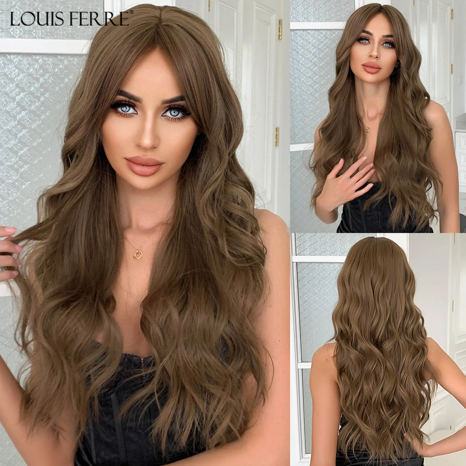 LOUIS FERRE Long Wavy Synthetic Wig for Women Golden Brown Fake Hair With Bangs Daily Cosplay Heat Resistant Natural Blonde Wig