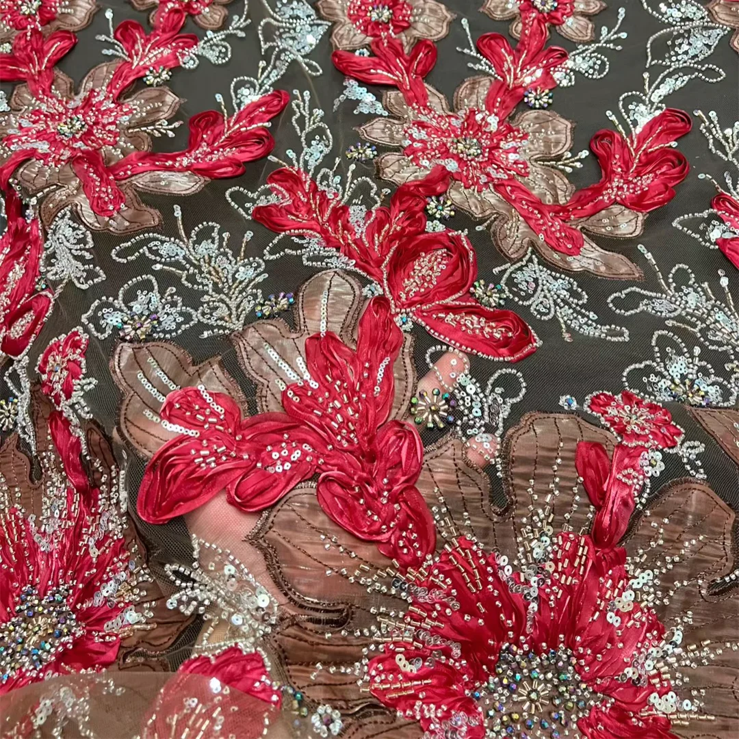 

French Mesh Tulle Lace Fabric Sequins Ruffion Embroidery Beaded Floral High Quality African Nigerian Lace Fabric for Women Dress