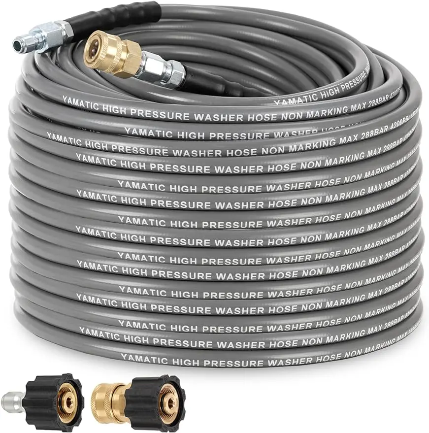 

Non Marking 1/4" 4200 PSI Pressure Washer Hose 100 FT for Hot/Cold Water Rubber Wire Braided Kink Free Swivel