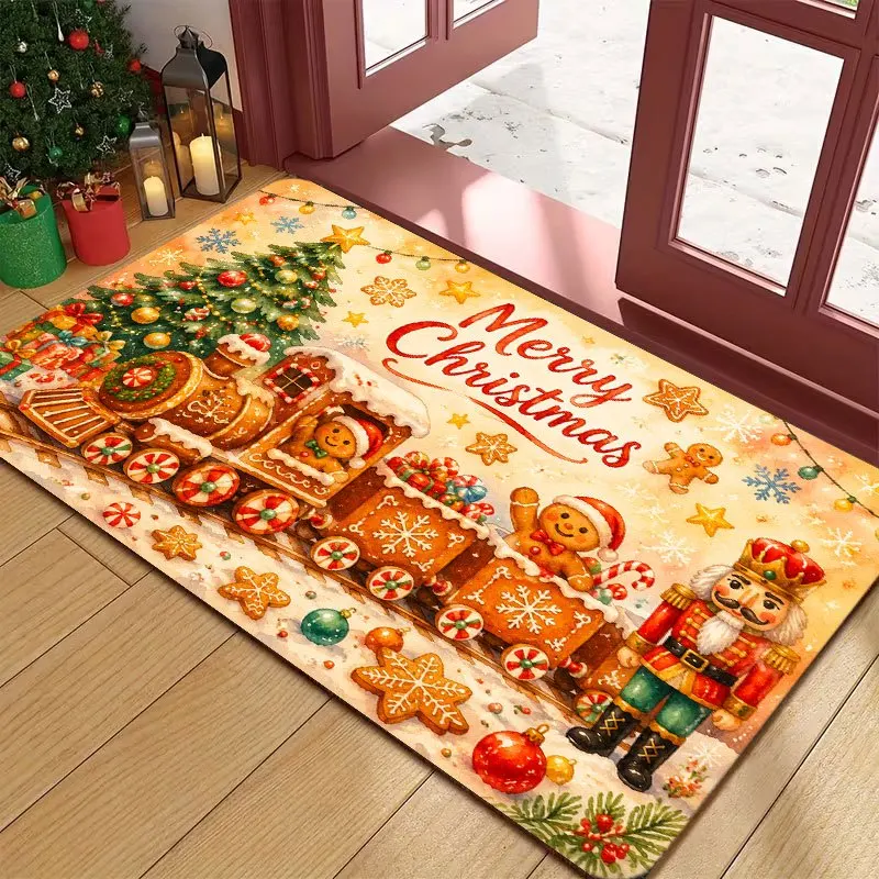 Cozy Warm Yellow Gingerbread House Scene Washable Durable Floor Mat For Traditional Christmas Welcome Home