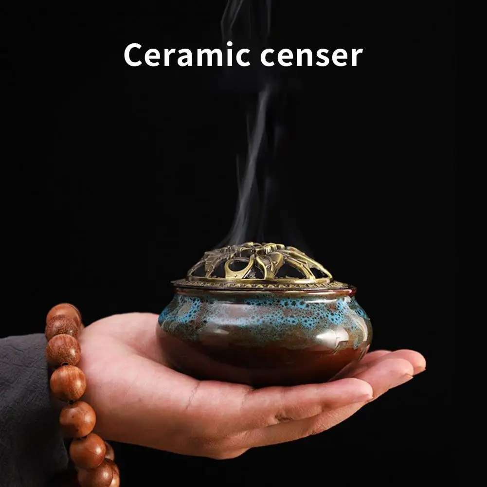 Incense Burner Hollow Top Slow Smoke Fireproof Heat Resistance Ice Crack Pattern Peaceful Mind Censer Burner Living Room Supply