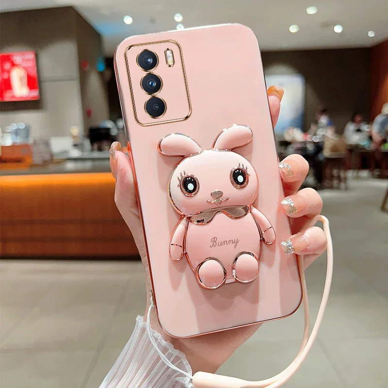 Cute Cartoon Rabbit Fold Stand For OPPO K9 Pro Phone Case With Lanyard Luxury Plating Cover