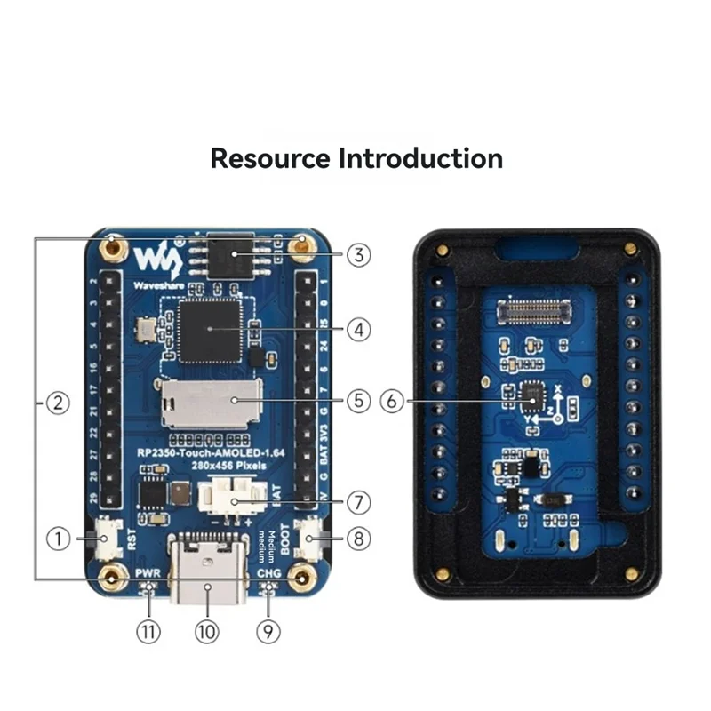 Макетная плата Waveshare RP2350, разрешение 280X456 для Raspberry Pi Pico 2, 1,64 дюйма, AMOLED, закругленный емкостный сенсорный дисплей-
