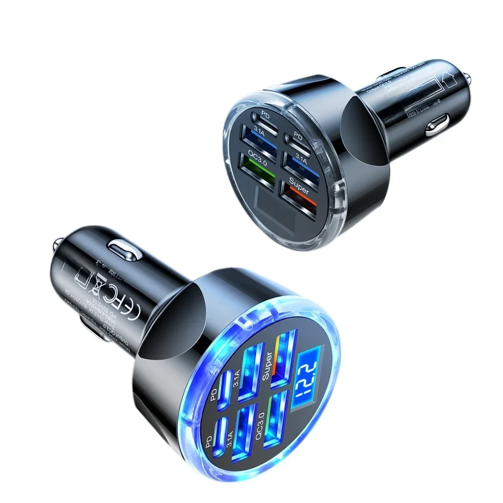 100W PD Car Charger QC3.0 Fast Charge One to Six Car Cigarette Lighter Plug Car Charger Flash Charge with Digital Display