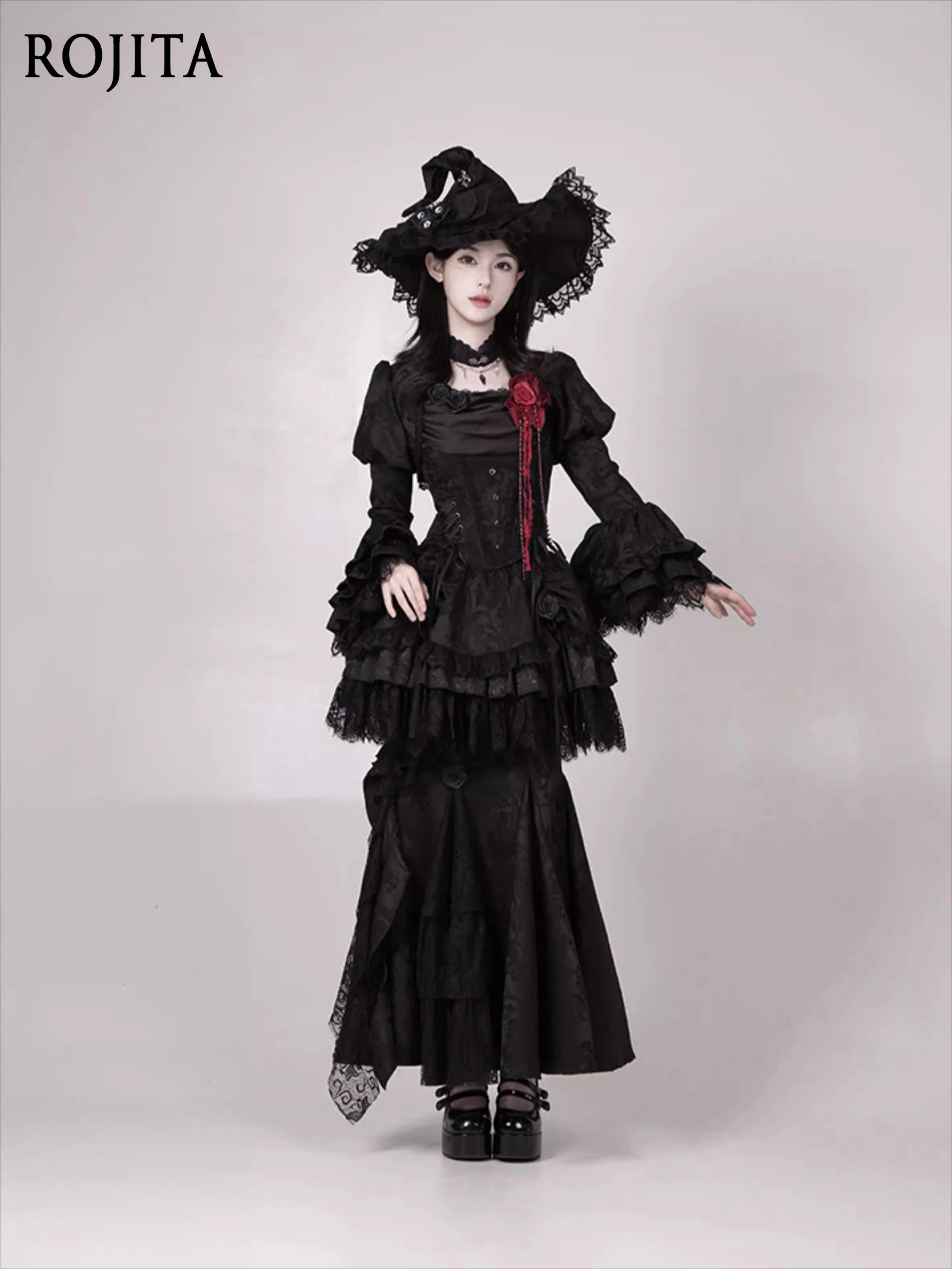 

Gothic Witch Style Sleeveless Vest Top Corset Asymmetrical Ruffle Hem Fishtail Skirt 2026 New Black Mini Skirt