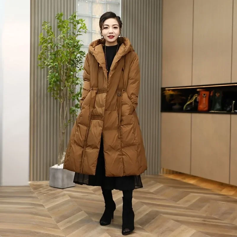 ฤดูหนาวใหม่สี Feminity หนาเข่ายาวหลวมแฟชั่นทั้งหมด Hooded Down JACKET ระเบิด Coats