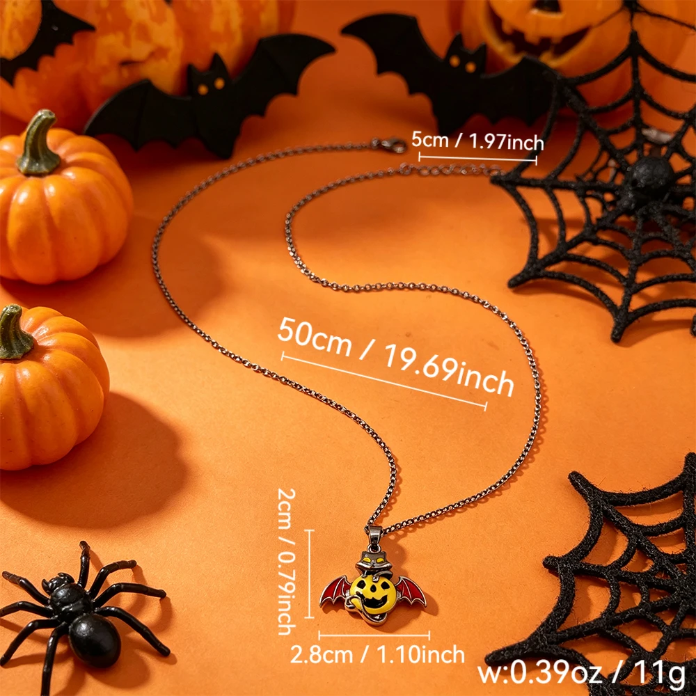 Vintage Distressed Black Chain Black Cat Red Bat Wings Pumpkin Pendant Necklace Halloween Cartoon Jack-O'-Lantern Girl Clavicle Chain