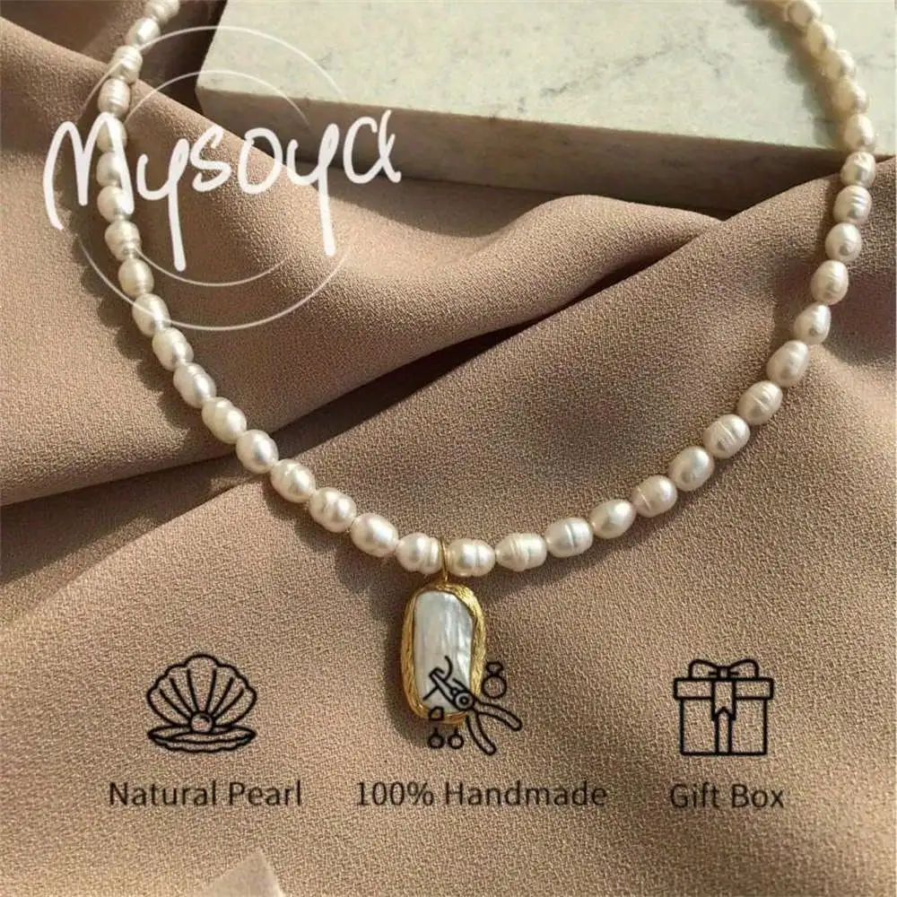 

MYSOYA White Rice-shaped Baroque Necklace 7-8mm Pearls With Irregular Pendant Gift Box For Her Wedding Jewelry Christmas Gift