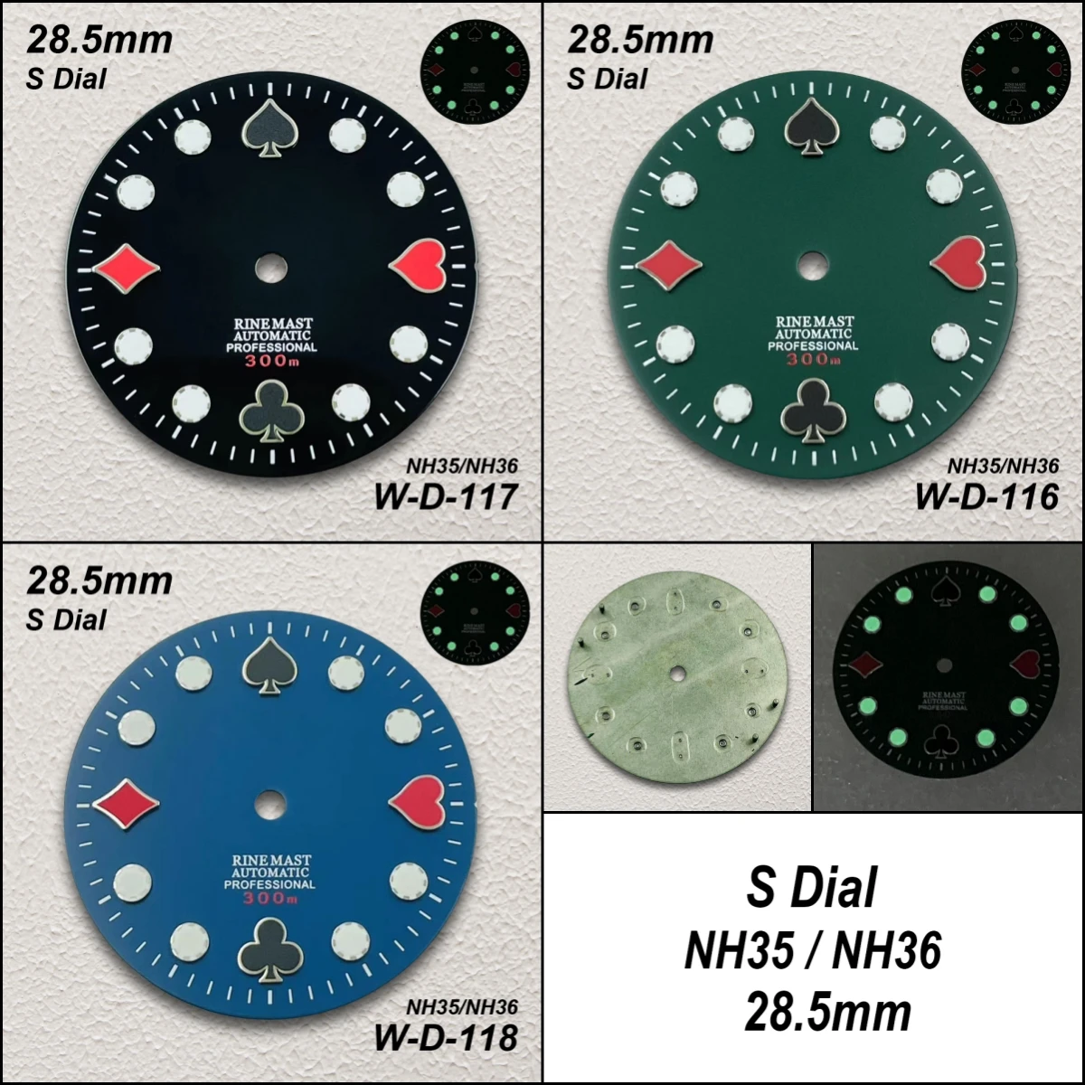 

28.5mm S Logo Poker Dial Fit NH35/NH36/4R/7S Japanese Movement Green Luminous High-Quality Dial Watch Modification Accessories