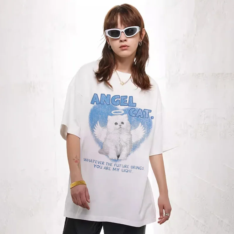 Men T-Shirt Cat Oversized Baby Angel Animal Short Sleeve Tees Fashion Graphic Tops Korean Cotton Vintage Y2k Streetwear Clothing