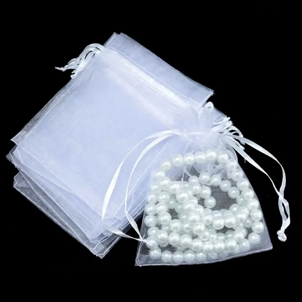 25/50PCS Drawable Jewelry Packing Christmas Favor Organza Gauze Sachet Drawstring Pocket White Pouches Gift Bags