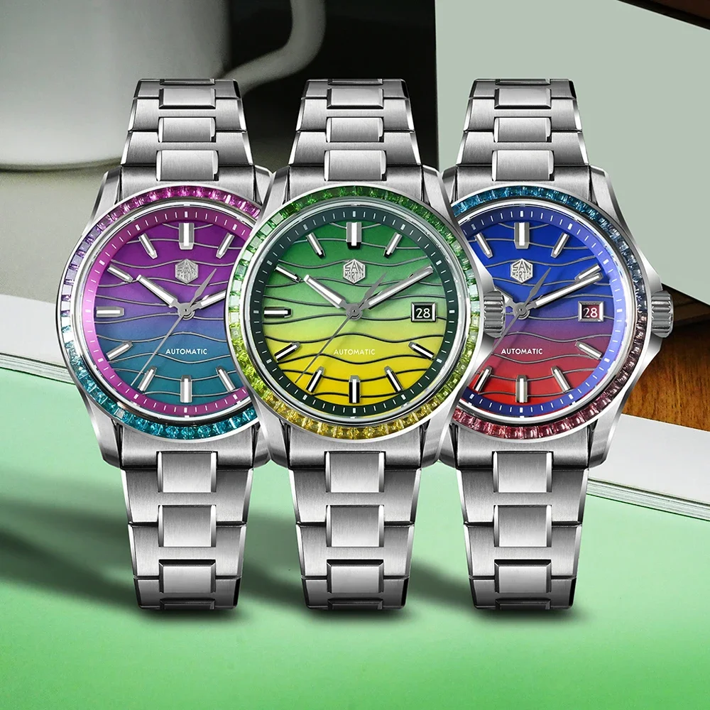 San Martin Watch 39mm Men Luxury Dress Miyota 9015 Automatic Mechanical with Gemstones Bezel Mop Dial 100m Waterproof SN0150A