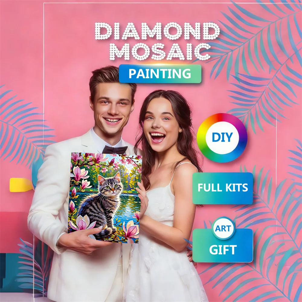AZQSD Diamantmalerei, Katze, Tier, Kunsthandwerk, Strass, Mosaik, Blume, Kreuzstich, komplette Kits, moderne Heimdekoration